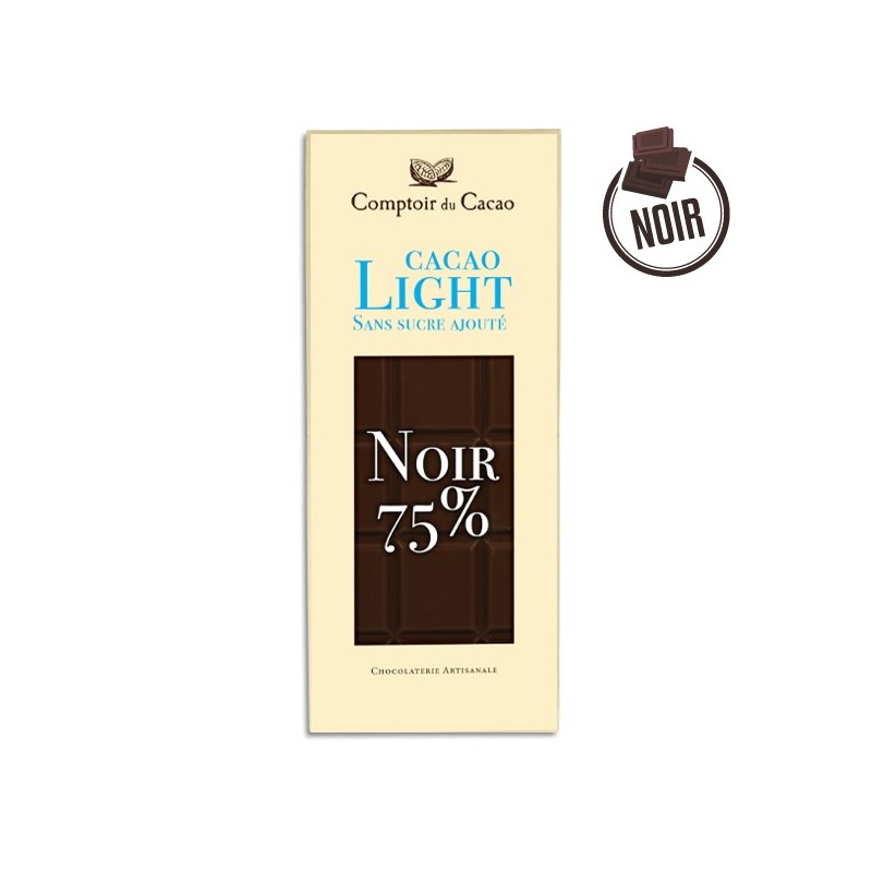 Tablette chocolat noir Light 75% sans sucres - 80g - LE COMPTOIR DU CACAO Tablette chocolat noir Light 75% sans sucres - 80g - LE COMPTOIR DU CACAO
