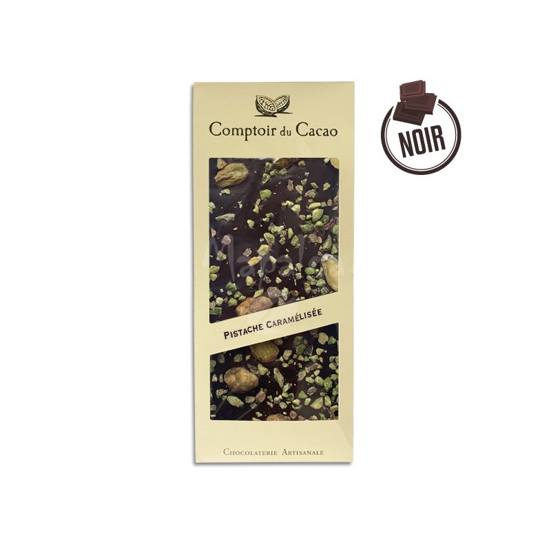 Tablette chocolat noir Pistaches caramélisées - 90g - LE COMPTOIR DU CACAO Tablette chocolat noir Pistaches caramélisées - 90g - LE COMPTOIR DU CACAO