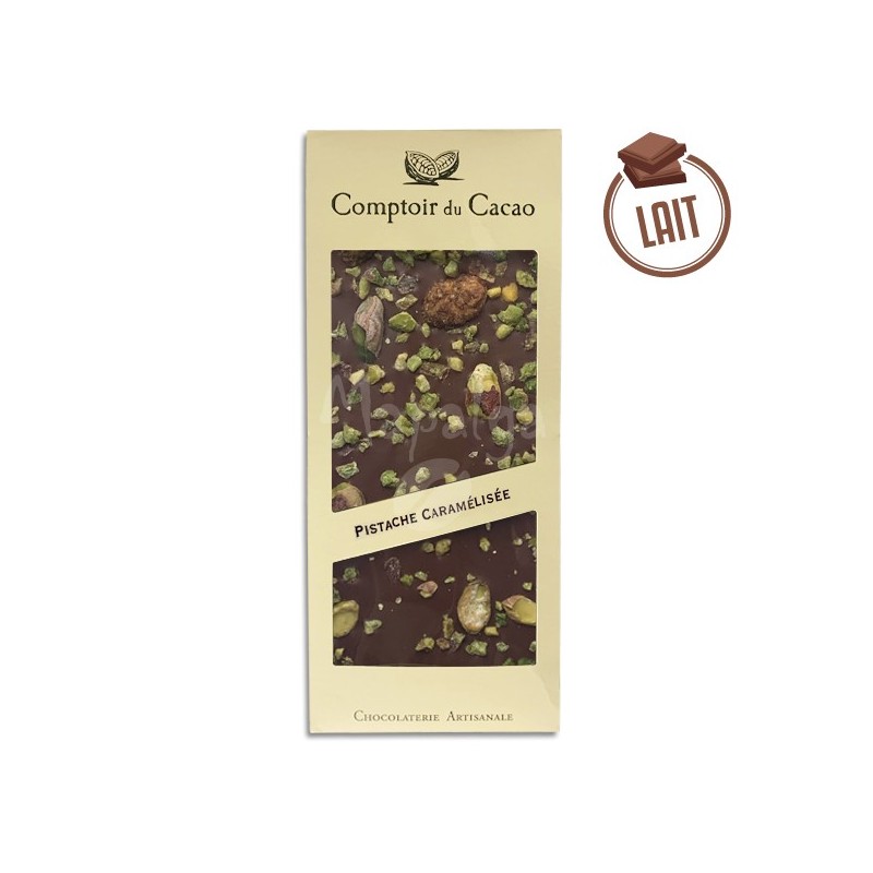 Tablette chocolat au lait Pistaches caramélisées - 90g - LE COMPTOIR DU CACAO Tablette chocolat au lait Pistaches caramélisées - 90g - LE COMPTOIR DU CACAO