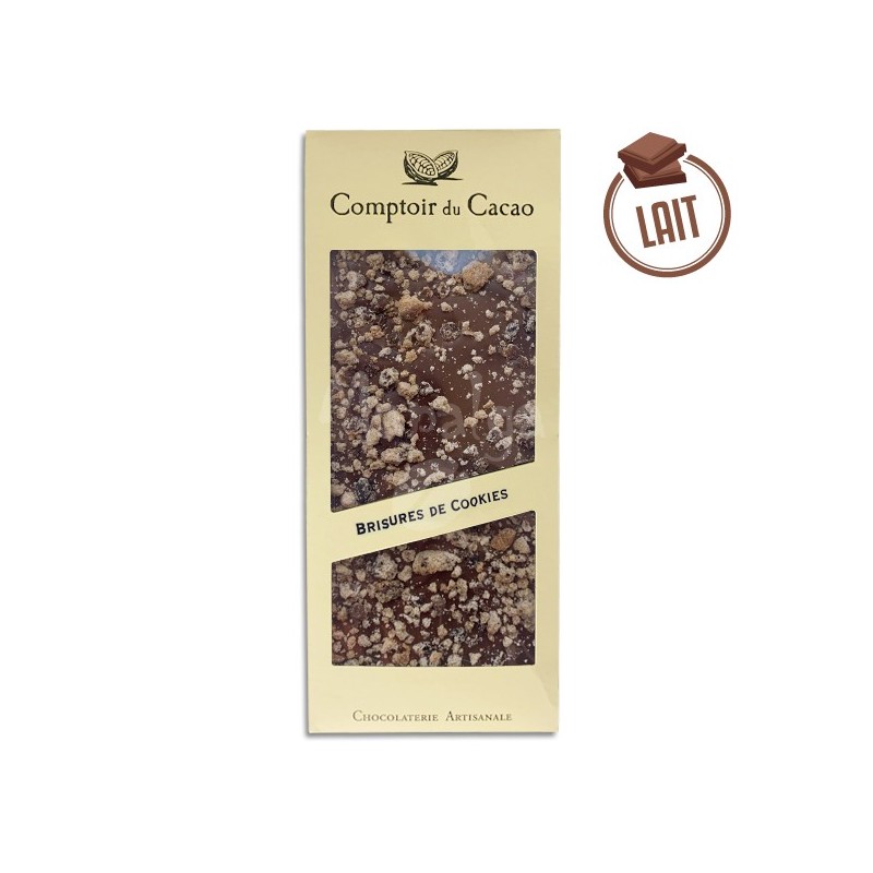Tablette chocolat au lait Eclats de cookies - 90g - LE COMPTOIR DU CACAO Tablette chocolat au lait Eclats de cookies - 90g - LE COMPTOIR DU CACAO