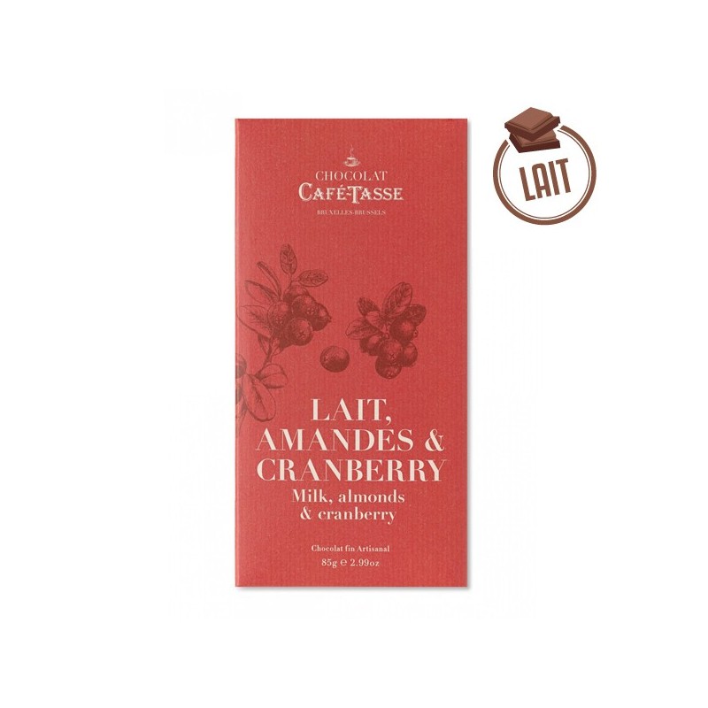 Tablette chocolat au lait amandes & cranberry 85g - CAFE-TASSE Tablette chocolat au lait amandes & cranberry 85g - CAFE-TASSE