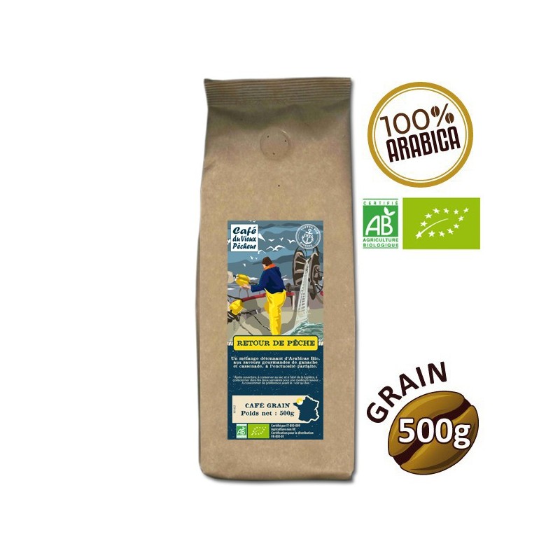 Café grain 100% arabica RETOUR DE PÊCHE BIO 500g - CAFÉ DU VIEUX PÊCHEUR Café grain 100% arabica RETOUR DE PÊCHE BIO 500g - CAFÉ DU VIEUX PÊCHEUR