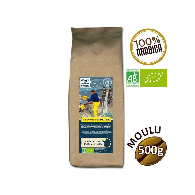 Café moulu 100% arabica RETOUR DE PÊCHE BIO 500g - CAFÉ DU VIEUX PÊCHEUR Café moulu 100% arabica RETOUR DE PÊCHE BIO 500g - CAFÉ DU VIEUX PÊCHEUR