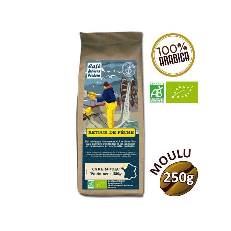 Café moulu 100% arabica RETOUR DE PÊCHE BIO 250g - CAFÉ DU VIEUX PÊCHEUR Café moulu 100% arabica RETOUR DE PÊCHE BIO 250g - CAFÉ DU VIEUX PÊCHEUR