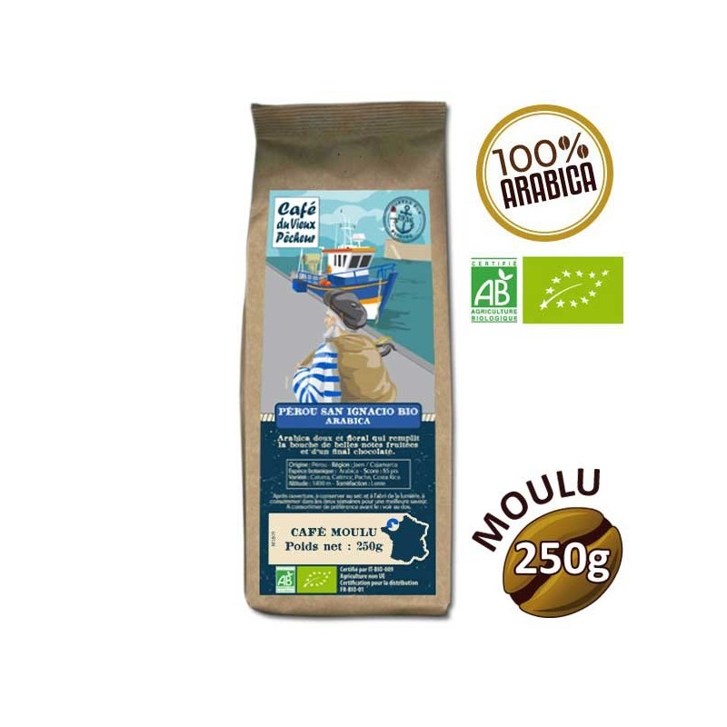 Café moulu arabica PÉROU SAN IGNACIO BIO 250g - CAFÉ DU VIEUX PÊCHEUR Café moulu arabica PÉROU SAN IGNACIO BIO 250g - CAFÉ DU VIEUX PÊCHEUR