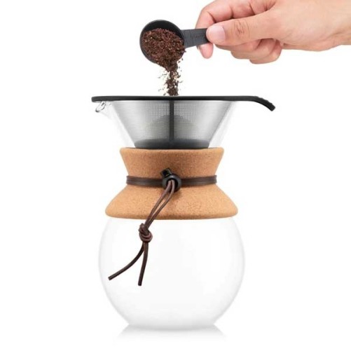 Cafetière 1 Litre Pour Over liège et cuir BODUM 500g de café moulu offert